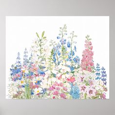 a painting of flowers and plants on a white background with blue, pink, purple, and green leaves