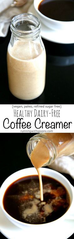 coffee creamer being poured into a cup of coffee with the words, healthy dairy - free coffee creamer