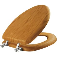 a wooden toilet seat with two metal handles