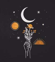 the sun, moon and plants are drawn in white ink on a black background with stars