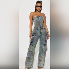 Fashion Nova Denim Non Stretch Jumpsuit Wide Leg Cargo Pants Inseam 33" Tube Button Down 100% Cotton High Rise Denim Blue Utility Jumpsuit, Fitted Denim Cargo Jeans For Summer, Fitted High Waist Denim Jumpsuit In Utility Style, Fitted High Waist Denim Utility Jumpsuit, Fitted High-waist Denim Utility Jumpsuit, High Rise Denim Utility Jumpsuits And Rompers, Utility High Rise Denim Jumpsuits And Rompers, Utility High-rise Denim Jumpsuits And Rompers, Fitted Utility Pants In Medium Wash