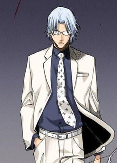 an anime character with blue hair and glasses wearing a white jacket, tie and pants