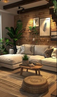 a living room filled with lots of furniture next to a brick wall and potted plants