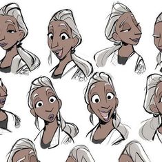 the character sheet for disney's princess aurora from frozen water, with various expressions and hair