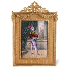 an antique painting of a woman with a red hat and purple pants standing in front of a window