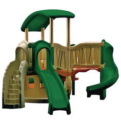 a green and beige play set with a slide