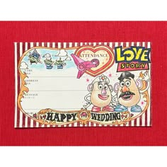 a love story wedding card with two cartoon characters on the front and bottom, in red