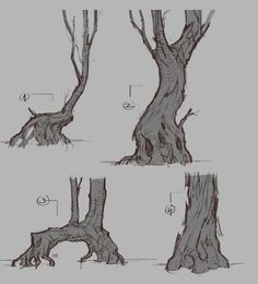 four different stages of drawing trees