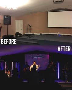 the before and after shots of an event with people on stage in front of a projector screen