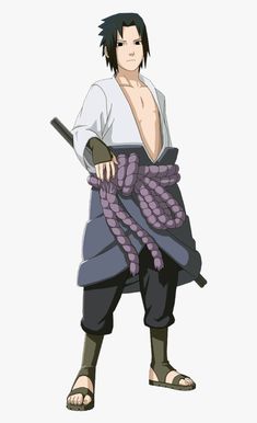 an anime character with black hair and no shirt on holding a purple rope in his hand