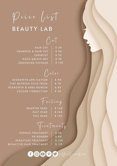 a paper cut out of a woman's face with the words price list beauty lab