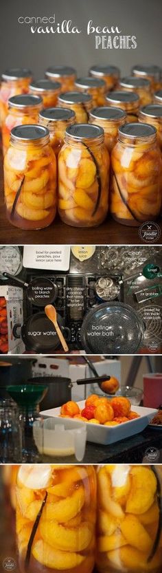 jars filled with peaches sitting on top of a wooden table next to other items