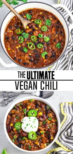 the ultimate vegan chili recipe in a white bowl with limes and cilantro