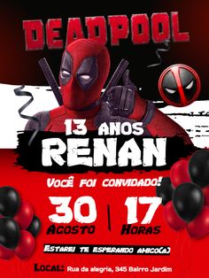 a deadpool party poster with balloons