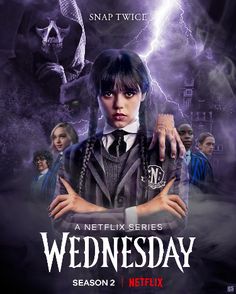 the poster for netflix's wednesday season 2, featuring an image of a woman with her arms crossed