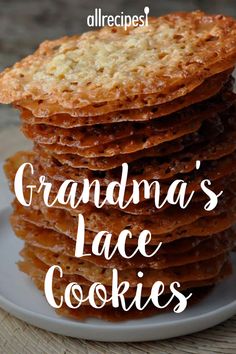 grandma's lace cookies on a plate with text overlay