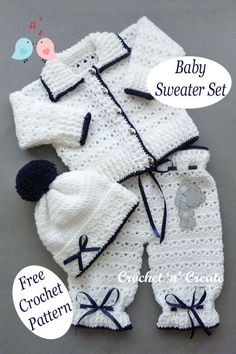 crochet baby sweater set with hat and booties in white, black and blue