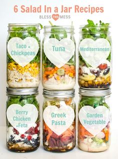 six mason jars filled with different types of food and labeled in heart - shaped labels