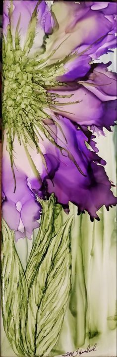 a painting of purple flowers with green leaves