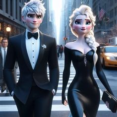 two people dressed in formal wear walking down the street