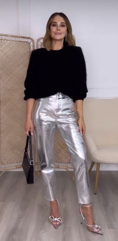 Metallic Nye Outfit, Silver Metallic Joggers Outfit, Silver Metallic Jeans, Silver Trousers Outfits Party, Silver Glitter Pants Outfit, Silver Coated Jeans Outfit, Silver Winter Outfit, Silver Pants Christmas Outfit, Silver Pants Holiday Outfit