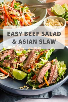 Easy beef salad, lean slices of marinated steak served with a crunchy slaw, comprising a rainbow of crisp vegetables and an Asian inspired dressing. #BeefSalad #LeanBeef #CookingAtHome #SimpleBalancedMeals #AsianBeef Beef Salad Dressing, Protein Dishes, Asian Salad Dressing, Steak And Broccoli, Asian Beef, Asian Slaw, Light Meals