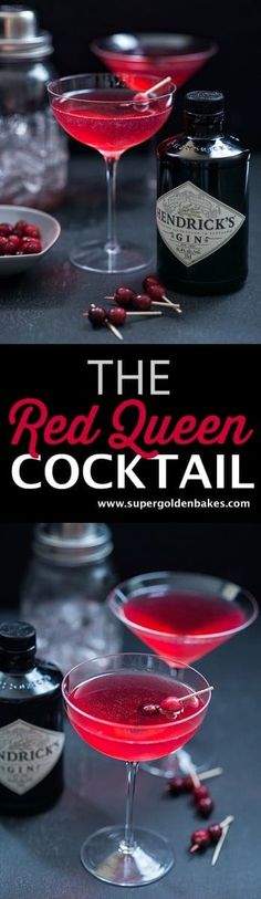 the red queen cocktail is garnished with cranberry sauce and served in coupe glasses