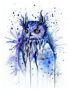 an owl is painted in blue and purple watercolors with splatters on it