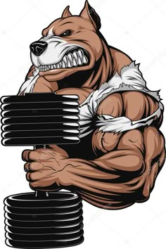 a bull with a barbell in his hand and the other arm is holding two dumbs