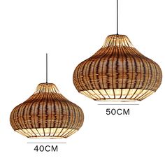 two hanging lights made out of rattan