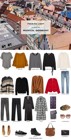 Germany Packing List Grey T-shirt | Yellow Knit Top | Striped Shirt | Black Wrap Shirt | Silk Blouse | Grey Mix Pullover | Black Sweater | Brown Cardigan | Red Cropped Jacket | Blue Germany Outfits, Vacation Attire, Light Travel, Luxurious Life, Packing Lists, Spring Capsule Wardrobe, Cardigan Casual