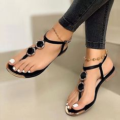 Category:Sandals; Upper Materials:Faux Leather; Season:Summer; Heel Type:Flat Heel; Gender:Women's; Toe Shape:Open Toe,Round Toe; Style:Casual; Heel Height(inch):1-2; Occasion:Beach,Daily; Closure Type:T-Strap; Pattern:Solid Colored; Production mode:Self-produce; 2022 Trends:Boho Bohemia Beach; Foot Length:; Foot Width:; Size chart date source:Provided by Supplier.; EU Size:50 Sandal Kulit, Bohemian Sandals, Leopard Print Sandals, Buckled Flats, Womens Sandals Summer, Beaded Sandals, Summer Flats, Styl Boho, Fashion Sandals