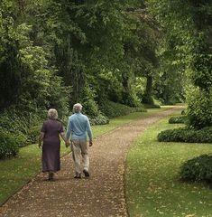 an older couple walking down a path in the woods