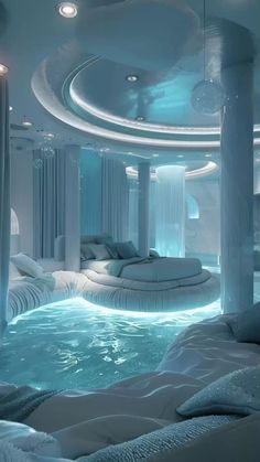 an indoor swimming pool in the middle of a room with white walls and ceiling lights