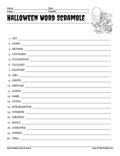 Free Printable Halloween Word Scramble. Free Printable Halloween Word Scramble, a free printable activity for Halloween celebration. Share this activity at school, Halloween party, or just to have fun at home. Great to challenge your kids to unscramble this 20 Halloween words. Includes a list of 20 scrambled Halloween words like witch, October, cat, mummy, skeleton, vampire, moon, candy, costumes, Vampire Moon, 40th Birthday Party Games, Activities List, Christmas Word Scramble, Autumn Puzzle