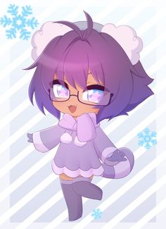 an anime character wearing glasses and a purple outfit with snowflakes on her head