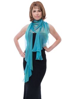 "This airy fluttering scarf, wrap in peacock (greenish-blue) color can jazz up your minimalist dress and give you beautiful feeling of feminine charm as well as give you enjoyable silken touch by covering your shoulders. Made with iridescent silk chiffon and goes from casual daytime to elegant evening wear. Use it as a shawl, wrap sash or as a head cover. DESIGN DESCRIPTION: Free-form, curved cut, fluttering edges. Signature curved cut of scarf top line creates beautiful soft drapes and keep sca Elegant Silk Shawl Scarf For Summer, Elegant Green Scarves For Summer, Elegant Green Summer Scarves, Elegant Blue Shawl For Spring, Elegant Silk Chiffon Scarves For Summer, Elegant Green Shawl For Spring, Chic Silk Shawl For Party, Chic Summer Party Scarf, Elegant Summer Shawl Scarves