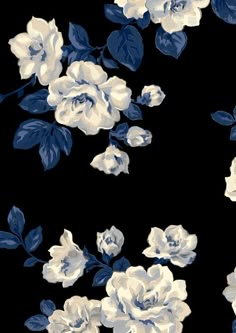 blue and white flowers on a black background