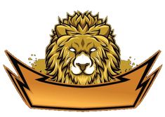 a lion head with a banner in the middle of it's chest and an arrow around its neck