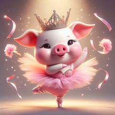 a little pig in a pink tutu with a tiara on her head is dancing