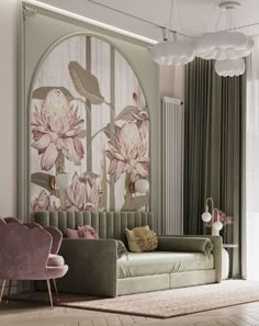 a living room filled with furniture and flowers on the wall next to a large window