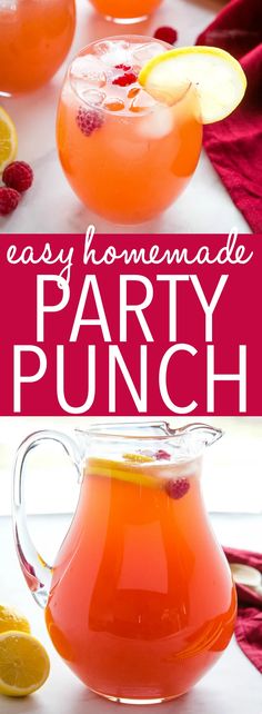 easy homemade party punch recipe with lemons and raspberries in the pitcher, ready to be served