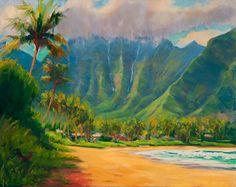 an oil painting of a tropical beach with palm trees and mountains in the back ground