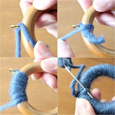 four pictures showing how to make an ornament out of yarn and wooden hoop