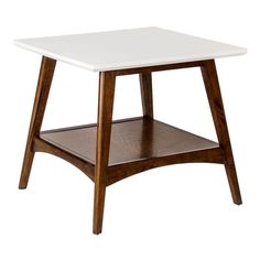 a wooden table with a white top and two shelves on the bottom, against a white background