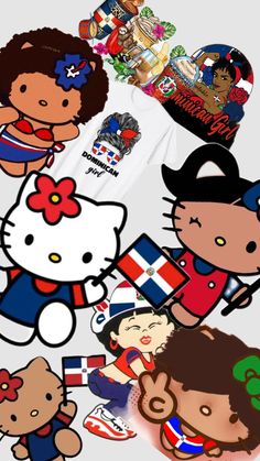 an assortment of hello kitty stickers on a white shirt with many different designs and colors