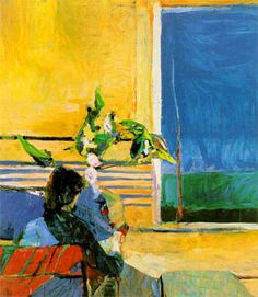 a painting of a woman sitting on a couch in front of a vase with flowers