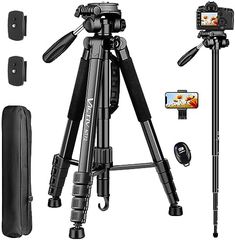 the tripod is set up to take pictures with its cell phone and other accessories