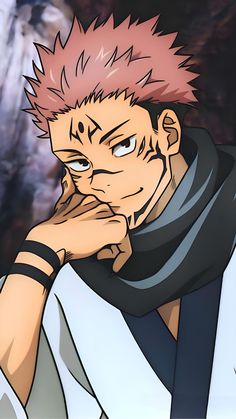 an anime character with pink hair is looking at the camera while holding his hand to his face