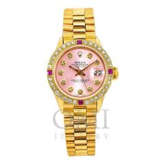 Condition  Pre-Owned Model - DateJust Reference Number - 6517 Movement  Automatic Bezel - Yellow Gold Custom Diamond Bezel Dial - Pink Custom Diamond Dial Case Size - 26mm Crystal - Scratch-resistant Sapphire Crystal Bracelet - Yellow Gold Bracelet Water Resistant - 10 ATM Gender  Women's Box - Rolex Box Size: One Size.  Color: Metal Type.  Gender: male.  Age Group: adult. Buy Rolex, Women Boxing, Yellow Gold Bracelet, Bezel Diamond, Rolex Datejust, Crystal Bracelet, Pink Diamond, Sapphire Crystal, Crystal Bracelets